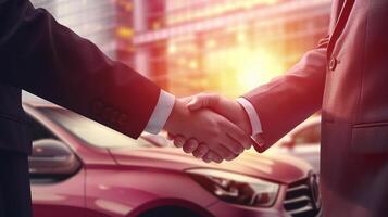 A sales representative shaking hands with an individual over a car, in the style of light crimson, poster, large canvas format, close up shots. photo