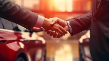 A sales representative shaking hands with an individual over a car, in the style of light crimson, poster, large canvas format, close up shots. photo