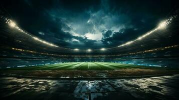 un fútbol estadio lleno con verde césped y aficionados a noche, en el estilo de oscuro gris y ligero cian ai generado foto