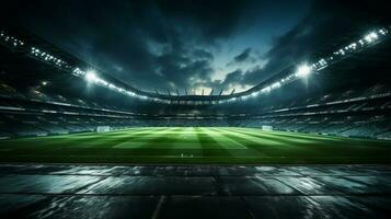 un fútbol estadio lleno con verde césped y aficionados a noche, en el estilo de oscuro gris y ligero cian ai generado foto