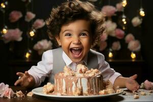 un sur asiático bebé imponente un pastel en foto estudio. ai generado