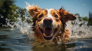 A swimming dog in a water. AI Generated photo