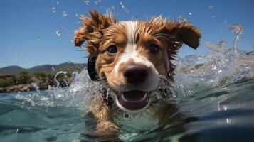 A swimming dog in a water. AI Generated photo