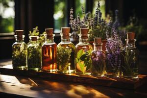 un surtido de esencial petróleo botellas con Fresco plantas desde cuales ellos son derivado, me gusta lavanda, menta, y Romero, arreglado en un de madera superficie. ai generado foto