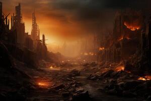 An image representing a destroyed city in a fire storm. photo