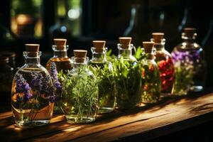 An assortment of essential oil bottles with fresh plants from which they're derived, like lavender, peppermint, and rosemary, arranged on a wooden surface. AI Generated photo