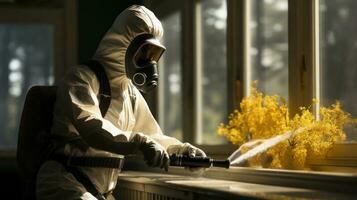An employee spraying a house using a gas powered pesticide, in the style of monochrome interiors, light yellow. AI Generated photo