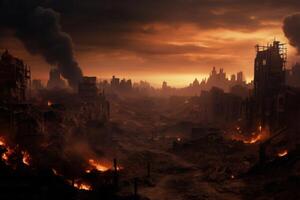 An image representing a destroyed city in a fire storm. AI Generated photo