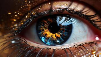 An eye open with beautiful glitter, in the style of orange and indigo. photo