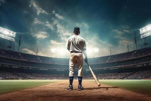 béisbol jugador con murciélago en béisbol campo, en el estilo de espectacular telones de fondo ai generado foto