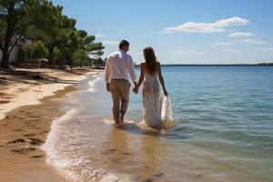 Beach wedding bride and groom walking away down the beach by the water hi definition. AI Generated photo