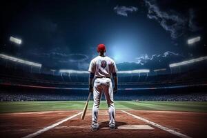 béisbol jugador con murciélago en béisbol campo, en el estilo de espectacular telones de fondo ai generado foto