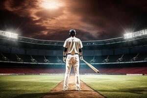 béisbol jugador con murciélago en béisbol campo, en el estilo de espectacular telones de fondo ai generado foto