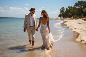 Beach wedding bride and groom walking away down the beach by the water hi definition. AI Generated photo