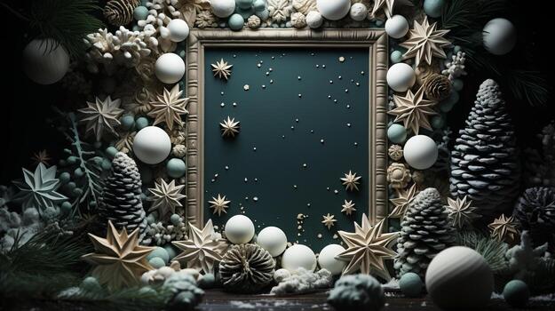 Christmas card in green firs mock up, in the style of dark white and white, poster, aerial view.. photo