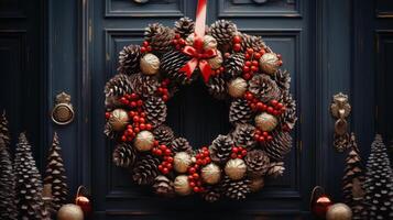Christmas wreath with pine cones and acorns hanging. photo