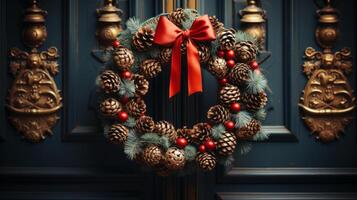 Christmas wreath with pine cones and acorns hanging. photo