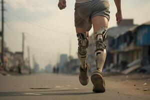 close up of a prosthetic leg of a person with a running shoe on against the background of a street. AI Generated photo