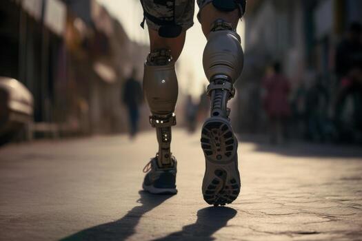 close up of a prosthetic leg of a person with a running shoe on against the background of a street. photo