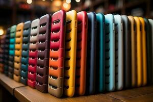 Colorful phone cases in phone store. AI Generated photo