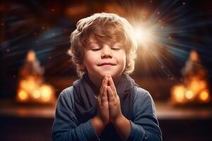 Cute small boy praying in the church and Jesus giving blessing, cinematic effect, studios light. photo