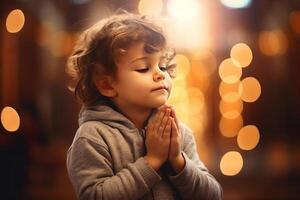 Cute small boy praying in the church and Jesus giving blessing, cinematic effect, studios light. photo