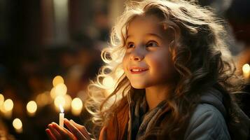 linda pequeño niña Orando en el Iglesia y Jesús dando bendición, cinematográfico efecto, estudios ligero. ai generado foto