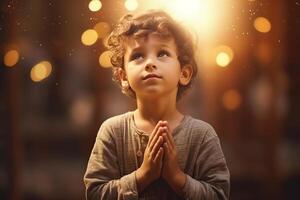 Cute small boy praying in the church and Jesus giving blessing, cinematic effect, studios light. photo