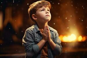 linda pequeño chico Orando en el Iglesia y Jesús dando bendición, cinematográfico efecto, estudios ligero. ai generado foto