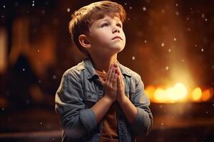 linda pequeño chico Orando en el Iglesia y Jesús dando bendición, cinematográfico efecto, estudios ligero. ai generado foto