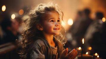 cute small girl praying in the church and Jesus giving blessing, cinematic effect, studios light. AI Generated photo