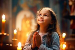 linda pequeño niña Orando en el Iglesia y Jesús dando bendición, cinematográfico efecto, estudios ligero. ai generado foto