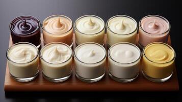 different types of creams are shown in various containers. photo