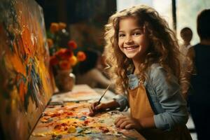 Girl holding a paintbrush, facing the camera, drawing on a wooden table, children's room background. AI Generated photo