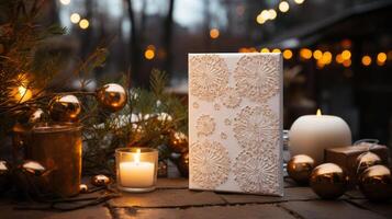 mockup of Christmas card in Christmas branches, in the style of large canvas format. photo