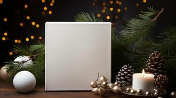 mockup of Christmas card in Christmas branches, in the style of large canvas format. photo