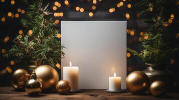 mockup of Christmas card in Christmas branches, in the style of large canvas format. photo