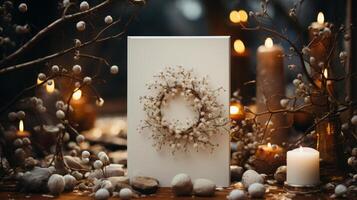 mockup of Christmas card in Christmas branches, in the style of large canvas format. AI Generated photo