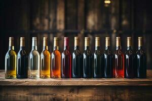 Multiple bottles of wine lined up in the style of rustic. AI Generated photo