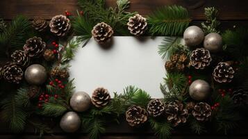 pine fir branches surrounded by a blank white board under a tree, in the style of texture rich compositions. photo