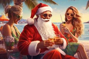 Papa Noel claus es en el playa Bebiendo martinis con atractivo mujer. ai generado foto