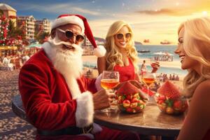 Papa Noel claus es en el playa Bebiendo martinis con atractivo mujer. ai generado foto