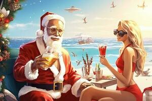 Papa Noel claus es en el playa Bebiendo martinis con atractivo mujer. ai generado foto