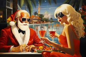 Papa Noel claus es en el playa Bebiendo martinis con atractivo mujer. ai generado foto