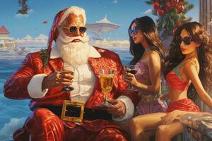 Papa Noel claus es en el playa Bebiendo martinis con atractivo mujer. ai generado foto