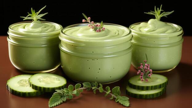 some cucumber skin care products on a green background.. photo