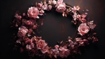 Subtly textured wreath of light pink painted flowers. AI Generated photo