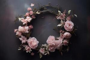 Subtly textured wreath of light pink painted flowers. AI Generated photo