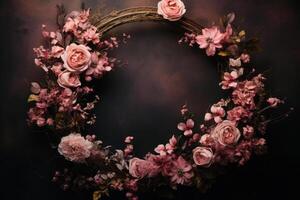 Subtly textured wreath of light pink painted flowers. AI Generated photo