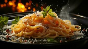 Spaghetti with pepper spray on black background. AI Generated photo